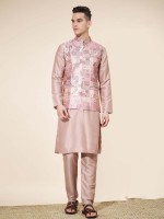 Baby Pink Pure Silk Readymade Kurta Pajama With Jacket